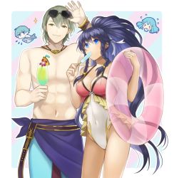 Rule 34 | 2boys, 2girls, abs, aqua hair, aym (ash3ash3ash), blue eyes, blue hair, border, bracelet, breasts, brother and sister, cleavage, commentary request, covered navel, cup, drinking glass, drinking straw, eirika (fire emblem), ephraim (fire emblem), eyewear on head, fire emblem, fire emblem: the sacred stones, fire emblem heroes, green eyes, green hair, holding, holding cup, holding swim ring, innertube, innes (fire emblem), jewelry, long hair, looking at viewer, multiple boys, multiple girls, navel, nintendo, one-piece swimsuit, pink innertube, pink one-piece swimsuit, ponytail, shark, short hair, siblings, simple background, smile, sunglasses, swim ring, swimsuit, tana (fire emblem), tana (summer) (fire emblem), towel, two-tone swimsuit, very long hair, white border, white one-piece swimsuit