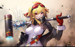 Rule 34 | 1girl, black jacket, blonde hair, breasts, breasts apart, closed mouth, electricity, eyewear on head, gloves, hairband, hammer, highres, holding, holding hammer, hololive, hololive indonesia, jacket, jurrig, kaela kovalskia, long sleeves, looking at viewer, medium breasts, medium hair, off shoulder, open clothes, open jacket, over shoulder, red eyes, red gloves, red hairband, smile, solo, sunglasses, upper body, v-shaped eyebrows, virtual youtuber