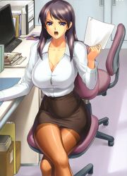 Rule 34 | 1girl, absurdres, angry, breasts, chair, cleavage, computer, crossed legs, curvy, dress shirt, highres, iruma kamiri, keyboard (computer), large breasts, lipstick, long hair, makeup, miniskirt, monitor, mouse (computer), mousepad, mousepad (object), office chair, office lady, open mouth, original, panties, pantyhose, pantyshot, paper, paperclip, pencil skirt, purple eyes, purple hair, shirt, sitting, skirt, solo, swivel chair, thighhighs, underwear, upskirt