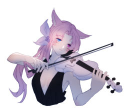 Rule 34 | 1girl, animal ears, armpit crease, blue eyes, bow, cat ears, closed mouth, eyes visible through hair, facial mark, fictional persona, final fantasy, final fantasy xiv, heterochromia, highres, holding, holding instrument, holding violin, instrument, long hair, lyra-kotto, miqo&#039;te, music, pink eyes, pink hair, playing instrument, simple background, smile, solo, upper body, violin, warrior of light (ff14), whisker markings, white background, white bow