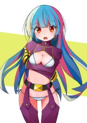 Rule 34 | 1girl, arms under breasts, bikini, blue eyes, blush, breast hold, breasts, brown eyes, cleavage, commentary request, cowboy shot, crossed arms, detached leggings, gloves, juliet sleeves, kula diamond, long hair, long sleeves, looking at viewer, mamagogo (gomaep), medium breasts, multicolored hair, open mouth, pink hair, puffy sleeves, purple legwear, shrug (clothing), side-tie bikini bottom, solo, streaked hair, swimsuit, tears, the king of fighters, two-tone background, very long hair, white background, white bikini, yellow background, yellow gloves