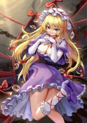 Rule 34 | 1girl, bent over, blonde hair, bow, breasts, center frills, cleavage, curly hair, dress, elbow gloves, fii fii (feefeeowo), frilled dress, frilled headwear, frills, from behind, full body, gap (touhou), gloves, hair between eyes, hair bow, hands on own chest, hands up, hat, hat ribbon, high heels, highres, kneehighs, large breasts, leg up, long hair, looking at viewer, medium breasts, portal (object), purple dress, purple eyes, red bow, red ribbon, ribbon, smile, socks, solo, thighs, touhou, very long hair, white gloves, yakumo yukari