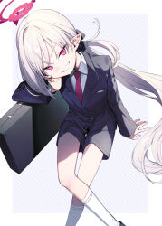 Rule 34 | 1girl, black shorts, blue archive, blush, collared shirt, feet out of frame, fingernails, formal, grey hair, grin, halo, highres, long hair, long sleeves, looking at viewer, mutsuki (blue archive), mutsuki (suit) (blue archive), necktie, official alternate costume, pink eyes, pointy ears, ponytail, red halo, red necktie, shirt, shorts, signalviolet, smile, socks, solo, suit, white shirt, white socks