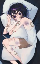 Rule 34 | 1girl, absurdres, armpits, bandaid, bandaid on arm, bandaid on cheek, bandaid on face, bandaid on leg, bare arms, bare shoulders, bed, between legs, black eyes, black hair, bleeding, blood, blood stain, blurry, body pillow, boxcutter, brown shorts, bruise, bruise on face, closed mouth, commentary, crying, crying with eyes open, cuts, depth of field, eyelashes, feet out of frame, from side, furrowed brow, hair between eyes, hand up, highres, indoors, injury, looking at viewer, looking to the side, lying, mizumi zumi, hugging object, on side, original, pillow, pillow hug, sad, self-harm, short hair, shorts, sleeveless, solo, tank top, tears, white tank top