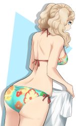 Rule 34 | 1girl, ass, bikini, blonde hair, blue eyes, floral print, from behind, halterneck, highres, holding, holding clothes, kurosususu, long hair, looking at viewer, looking back, persona, persona 5, shirt, side-tie bikini bottom, solo, string bikini, swimsuit, t-shirt, takamaki anne, twintails
