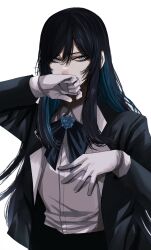 Rule 34 | ado (utaite), black bow, black bowtie, black coat, black hair, blue eyes, blue flower, blue hair, blue rose, bow, bowtie, chando (ado), closed mouth, cloud nine inc, coat, collared shirt, colored inner hair, commentary, cow, dress shirt, flower, flower brooch, gloves, hair between eyes, highres, hoshi san 3, long hair, long sleeves, looking at viewer, multicolored hair, open clothes, open coat, rose, shadow, shirt, sidelocks, simple background, two-tone hair, utaite, white background, white gloves, white shirt, wiping mouth