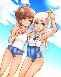 Rule 34 | 10s, 1girl, 2girls, blonde hair, blue eyes, brown eyes, brown hair, cellphone, crop top, flower, geckolion, gradient background, hair flower, hair ornament, i-401 (kancolle), kantai collection, long hair, multiple girls, phone, ponytail, ro-500 (kancolle), sailor collar, school swimsuit, swimsuit, swimsuit under clothes, tan, tanline, v