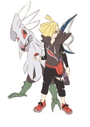 Rule 34 | 1boy, blonde hair, claws, creatures (company), fanny pack, full body, game freak, gen 7 pokemon, gladion (pokemon), green eyes, hair over one eye, highres, holding, holding poke ball, hood, hoodie, legendary pokemon, male focus, nintendo, oe (yamifuti), poke ball, poke ball (basic), pokemon, pokemon (creature), pokemon sm, silvally, simple background, torn clothes, white background