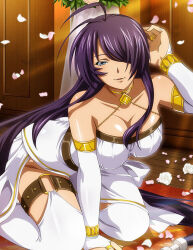 Rule 34 | 1girl, alternate costume, antenna hair, arm up, breasts, bridal gauntlets, cleavage, collarbone, detached sleeves, dress, flower, grey eyes, hair over one eye, ikkitousen, indoors, kan&#039;u unchou, kneeling, large breasts, leaning forward, long hair, long sleeves, looking at viewer, parted lips, petals, purple hair, rose, sleeveless, sleeveless dress, smile, solo, sunlight, thigh strap, thighhighs, very long hair, white dress, white flower, white rose, white sleeves, white thighhighs, wooden floor