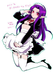 Rule 34 | 1boy, apron, arm up, bikini, black bikini, black skirt, blush, bow, commentary request, crossdressing, detached collar, full body, garter straps, green outline, high heels, highres, ichino (ichinon), juliet sleeves, long hair, long sleeves, looking at viewer, maid, maid apron, maid headdress, male focus, original, outline, parted bangs, pointy ears, puffy sleeves, purple hair, red bow, red hair, shrug (clothing), sidelocks, signature, simple background, skirt, solo, swimsuit, thighhighs, thighs, translation request, trap, twitter username, white background, white thighhighs