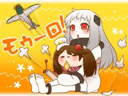 Rule 34 | 10s, 2girls, :d, abyssal ship, ahoge, barefoot, blush, brown hair, chibi, colored skin, dress, gameplay mechanics, horns, japanese clothes, kantai collection, kariginu, long hair, mitsubishi a7m3-j, mittens, multiple girls, northern ocean princess, onmyouji, open mouth, headpat, red eyes, ryuujou (kancolle), shikigami, sitting, sitting on lap, sitting on person, smile, translation request, trembling, twintails, white dress, white hair, white skin, yumaru (marumarumaru)