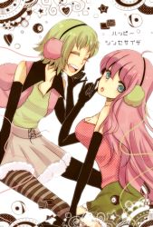 Rule 34 | 2girls, bad id, bad pixiv id, elbow gloves, gloves, green hair, grey legwear, gumi, happy synthesizer (vocaloid), headphones, headset, megurine luka, multiple girls, open mouth, pantyhose, pikota (pipipi freedom), pink hair, short hair, skirt, smile, striped clothes, striped legwear, striped pantyhose, vocaloid