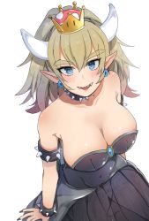 Rule 34 | 1girl, :d, absurdres, ancolatte (onikuanco), armlet, black dress, blonde hair, bowsette, bracelet, breasts, cleavage, collar, collarbone, commentary request, crown, dress, earrings, eyes visible through hair, hair between eyes, highres, horns, jewelry, large breasts, looking at viewer, mario (series), new super mario bros. u deluxe, nintendo, open mouth, pointy ears, ponytail, sharp teeth, simple background, smile, solo, spiked armlet, spiked bracelet, spiked collar, spikes, strapless, strapless dress, super crown, teeth, white background