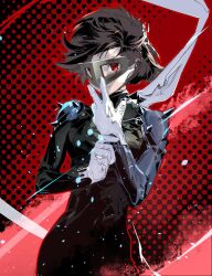 Rule 34 | 1girl, adjusting clothes, adjusting gloves, armor, blue bodysuit, bodice, bodysuit, brown hair, closed mouth, cofffee, cowboy shot, eye mask, floating hair, gloves, gradient background, light particles, looking at viewer, mask, messy hair, niijima makoto, outline, persona, persona 5, red eyes, red outline, scarf, short hair, shoulder armor, shoulder spikes, solo, spikes, standing, white gloves