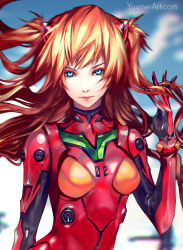 Rule 34 | 1girl, arm behind back, blue eyes, blurry, bodysuit, bracer, breasts, closed mouth, cloud, colored eyelashes, contrapposto, day, depth of field, floating hair, gloves, hand in own hair, hand up, headgear, highres, lips, long hair, looking at viewer, neon genesis evangelion, orange hair, outdoors, pilot suit, plugsuit, shiny clothes, sky, small breasts, solo, souryuu asuka langley, standing, two side up, very long hair, watermark, web address, yuumei
