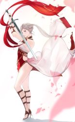 Rule 34 | 1girl, alternate costume, alternate hairstyle, armlet, bare shoulders, bracelet, commentary request, dancer, dancer (fire emblem: three houses), dress, edelgard von hresvelg, fire emblem, fire emblem: three houses, floating hair, gladiator sandals, highres, holding, holding sword, holding weapon, jewelry, long hair, looking at viewer, mueririko, necklace, nintendo, parted lips, pelvic curtain, ponytail, purple eyes, sandals, shawl, side ponytail, silver hair, solo, sword, teeth, weapon, white background, white dress