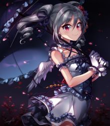 Rule 34 | 10s, 1girl, drill hair, gloves, idolmaster, idolmaster cinderella girls, kanzaki ranko, long hair, parasol, petals, red eyes, silver hair, solo, songmil, twin drills, twintails, umbrella, white gloves, wings