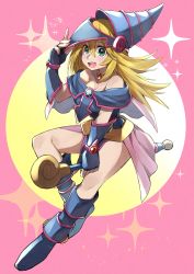 Rule 34 | 1girl, absurdres, artist request, bare shoulders, blonde hair, blue footwear, blue hat, blush stickers, boots, breasts, cleavage, dark magician girl, duel monster, female focus, fingerless gloves, gloves, green eyes, hair between eyes, hat, highres, large breasts, long hair, looking at viewer, magical girl, open mouth, pentacle, smile, solo, staff, wand, wizard hat, yu-gi-oh!, yu-gi-oh! duel monsters