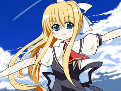 Rule 34 | 00s, 1girl, :d, air (visual novel), black dress, blonde hair, blue eyes, blue sky, blush, bow, cloud, contrail, cross, day, dress, hair bow, kamio misuzu, long hair, looking at viewer, necktie, open mouth, outstretched arms, parted lips, ponytail, red necktie, school uniform, sks (artist), sky, smile, solo, upper body, very long hair