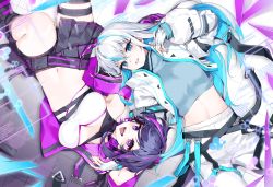 Rule 34 | 2girls, blue eyes, blue hair, blue shirt, breasts, cika k, colored inner hair, cropped jacket, cropped shirt, dark blue hair, fingerless gloves, from above, gloves, halterneck, highres, iciis (vtuber), ionne (vtuber), jacket, knee up, long hair, long sleeves, looking at viewer, lying, medium breasts, medium hair, multicolored hair, multiple girls, navel, on back, open clothes, open jacket, open mouth, pants, parted lips, pink hair, pleated skirt, purple eyes, q vixx project, shirt, skirt, virtual youtuber, white gloves, white hair, white jacket, white pants