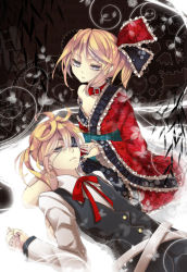 Rule 34 | 1boy, 1girl, alternate costume, bad id, bad pixiv id, blonde hair, blue eyes, brother and sister, eyepatch, hair ornament, hairclip, highres, iku2727, japanese clothes, kagamine len, kagamine rin, lap pillow, leaf, lying, nail polish, off shoulder, on back, short hair, siblings, sitting, twins, vocaloid
