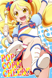 Rule 34 | 10s, 1girl, alternate form, blonde hair, blue skirt, boots, brooch, cure honey, cure honey (popcorn cheer), happinesscharge precure!, heart, heart brooch, highres, long hair, looking at viewer, midriff, n hirune, oomori yuuko, open mouth, precure, skirt, solo, twintails, yellow eyes