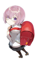 Rule 34 | 1girl, aged down, backpack, bag, black dress, black pantyhose, blush, dress, fate/grand order, fate (series), from above, glasses, hair over one eye, highres, jacket, loafers, looking at viewer, mamehamu, mash kyrielight, necktie, pantyhose, purple eyes, purple hair, randoseru, shoes, short hair, simple background, solo, white background