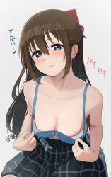 Rule 34 | 1girl, absurdres, bare shoulders, blue eyes, blush, bow, bra, breasts, brown hair, character request, cleavage, copyright request, hair between eyes, hair bow, highres, long hair, medium breasts, nipple slip, nipples, plaid, plaid skirt, sidelocks, skirt, smile, solo, tata (tataice), underwear, white background