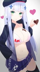 Rule 34 | 1girl, beret, bikini, bikini under clothes, black hat, blunt bangs, breasts, candy, chocolate, chocolate heart, chocolate on body, chocolate on breasts, cleavage, commentary request, cowboy shot, food, food on body, girls&#039; frontline, gradient background, green eyes, grey hair, hair ornament, hand in pocket, hat, heart, heckler &amp; koch, highres, hk416 (girls&#039; frontline), holding, holding chocolate, holding food, jacket, large breasts, long hair, looking at viewer, melting, navel, open clothes, open jacket, pleated skirt, purple skirt, skirt, solo, swimsuit, thighhighs, uraga shigure, white bikini