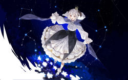 Rule 34 | 1girl, absurdres, aries (constellation), black background, black skirt, blue footwear, commentary request, constellation, crown, flower, full body, grey eyes, hair between eyes, high-waist skirt, highres, horns, iwai ku tsuki, libra (constellation), long sleeves, mini crown, original, outstretched arms, parted lips, scorpius (constellation), shirt, shirt tucked in, short hair, simple background, skirt, smile, socks, solo, star (sky), virgo (constellation), white flower, white hair, white shirt, white skirt, white socks