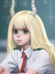 Rule 34 | 10s, 1girl, blonde hair, blouse, boku no hero academia, closed mouth, collared shirt, commentary, english commentary, eyelashes, gohpot, green eyes, highres, horns, lips, long hair, looking at viewer, necktie, nose, realistic, red necktie, shirt, short sleeves, solo, tsunotori pony, white shirt, wing collar