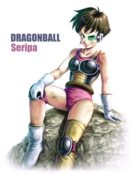 Rule 34 | 1girl, armor, black eyes, black hair, boots, character name, copyright name, dragon ball, dragonball z, eply, scar on face, gloves, green-tinted eyewear, highres, knee pads, looking at viewer, monkey tail, scar, scar on cheek, scar on face, scouter, seripa, short hair, single thighhigh, sitting, solo, tail, tail wrap, thighhighs, tinted eyewear, white footwear, white gloves