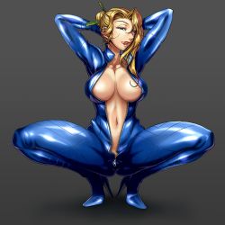 Rule 34 | 10s, 1girl, aozoraichi, aqua eyes, arms behind head, arms up, blonde hair, blue eyes, bodysuit, breasts, center opening, cleavage, full body, grey background, hair bun, hair ornament, hairpin, high heels, highres, large breasts, legs apart, licking lips, long hair, nancy lee, navel, ninja slayer, no bra, simple background, single hair bun, skin tight, solo, squatting, thick thighs, thighs, tongue, tongue out, unzipped