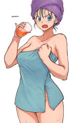 Rule 34 | 1girl, aosora2823, bare shoulders, blue eyes, blue hair, breasts, bulma, collarbone, cup, dragon ball, glass, highres, juice, open mouth, simple background, solo, standing, thighs, towel, wet