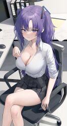 Rule 34 | 1girl, absurdres, black skirt, blue archive, breasts, chair, cleavage, closed mouth, crossed legs, cubicle, damcheong, desk, halo, highres, large breasts, long hair, looking at viewer, miniskirt, monitor, mouse (computer), office chair, paper, pleated skirt, purple eyes, purple hair, shirt, sitting, skirt, solo, sweat, swivel chair, thighs, two side up, v-shaped eyebrows, very long hair, white shirt, yuuka (blue archive)