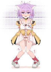 Rule 34 | 1girl, ahoge, animal ear fluff, animal ears, bare shoulders, between legs, blue footwear, blush, breasts, breath, buttons, cat ears, cat girl, cleavage, coat, collar, collarbone, covered erect nipples, cross-laced footwear, crossed bangs, dress, fang, female focus, full body, half-closed eyes, hand between legs, happy, have to pee, heart, heart-shaped pupils, highres, hololive, inugami korone, inugami korone (1st costume), japanese text, large breasts, leaning forward, long sleeves, looking at viewer, matching hair/eyes, nekomata okayu, nose blush, off shoulder, open clothes, open coat, open mouth, own hands together, pigeon-toed, pocket, purple eyes, purple hair, red socks, saliva, shoes, short dress, short hair, sidelocks, sinasimu4746, sleeveless, sleeveless dress, smile, sneakers, socks, solo, standing, straight-on, sweat, symbol-shaped pupils, translation request, trembling, v arms, virtual youtuber, white background, white dress, wristband, yellow coat