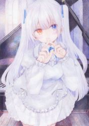 Rule 34 | 1girl, blue eyes, blue necktie, blue ribbon, blush, bow, breasts, buttons, colored pencil (medium), commentary, cowboy shot, curtains, darkkanan, deaf, disability, dress, frilled dress, frills, grand piano, hair ribbon, hearing aid, heterochromia, highres, indoors, instrument, leaning forward, long sleeves, medium breasts, necktie, orange eyes, original, piano, ribbon, sidelocks, solo, symbol-only commentary, traditional media, twintails, white bow, white dress, white hair, white theme, wooden floor, x fingers