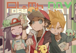 Rule 34 | 1girl, 2boys, arm on another&#039;s shoulder, baseball cap, black shirt, blue dress, blue eyes, blue oak, brown eyes, brown hair, bulbasaur, charmander, clenched hand, closed mouth, commentary request, creatures (company), dress, game boy, game freak, gen 1 pokemon, green shirt, hair flaps, handheld game console, hat, highres, holding, holding handheld game console, indoors, jacket, jewelry, leaf (pokemon), long hair, multiple boys, necklace, nintendo, on head, orange hair, pikachu, pokemon, pokemon (creature), pokemon frlg, pokemon on arm, pokemon on head, popped collar, red (pokemon), red eyes, red jacket, shirt, short sleeves, sleeveless, sleeveless shirt, smile, spiked hair, squirtle, sweatdrop, teeth, tyaui (xjju4435), v-shaped eyebrows, wristband