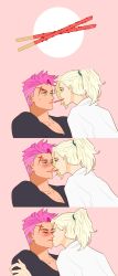 Rule 34 | 2girls, blonde hair, blue eyes, blush, collarbone, comic, commentary request, food, green eyes, highres, kiss, md5 mismatch, mercy (overwatch), multiple girls, overwatch, overwatch 1, pink hair, pocky, pocky day, pocky kiss, ponytail, shared food, short hair, silent comic, snapagi, stitched, sweat, third-party edit, yuri, zarya (overwatch)