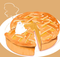 Rule 34 | animal, apple pie, bear, chai (drawingchisanne), commentary request, dessert, food, food focus, looking at viewer, no humans, original, pie, pie slice, plate, polar bear, signature, simple background, sitting on food, steam, undersized animal