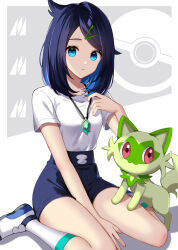 Rule 34 | 1girl, between legs, black hair, black shorts, blue eyes, commentary request, cowlick, creatures (company), game freak, gem, green gemstone, hair ornament, hairclip, hand between legs, hand up, highres, ichi (1dotdot 151), jewelry, liko (pokemon), looking at viewer, necklace, nintendo, parted lips, poke ball symbol, pokemon, pokemon (anime), pokemon (creature), pokemon horizons, shirt, shoes, shorts, sitting, socks, sprigatito, white footwear, white shirt, white socks