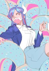 Rule 34 | 1girl, ahoge, blue coat, blue hair, blue skirt, coat, coffee mug, collared shirt, covered mouth, cup, curled horns, dinosaur girl, doughnut, food, holding, holding cup, horns, long hair, mask, mouth mask, mug, multicolored hair, one piece, pink eyes, pink hair, pink mask, raine (acke2445), shirt, sitting, skirt, solo, streaked hair, ulti (one piece), white shirt