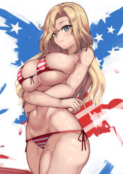 Rule 34 | 1girl, absurdres, alternate costume, american flag bikini, arms under breasts, bikini, blonde hair, breasts, cowboy shot, crossed arms, flag print, front-tie bikini top, front-tie top, green eyes, highres, hornet (kancolle), kantai collection, large breasts, long hair, navel, parted bangs, purplecat, side-tie bikini bottom, solo, standing, striped bikini, striped clothes, swimsuit, vertical-striped bikini, vertical-striped clothes