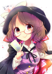 Rule 34 | 1girl, bow, brown eyes, brown hair, cape, clothes writing, glasses, hat, hat bow, highres, long sleeves, low twintails, plaid, red-framed eyewear, school uniform, shirt, short hair, skirt, smile, solo, touhou, twintails, usami sumireko, uta (kuroneko), zener card
