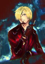 Rule 34 | 1boy, absurdres, black gloves, blonde hair, cigarette, cloud, cloudy sky, coat, commentary request, curly eyebrows, facial hair, formal, furol nicoco, gloves, goatee, hair over one eye, highres, male focus, mustache, one piece, rain, red coat, sanji (one piece), short hair, sky, solo, suit