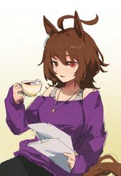 Rule 34 | 1girl, agnes tachyon (umamusume), ahoge, animal ears, az (azkin g), bare shoulders, black pants, breasts, brown hair, cup, gradient background, hand up, highres, holding, holding cup, holding paper, horse ears, horse girl, horse tail, jewelry, long sleeves, looking at viewer, medium hair, necklace, off-shoulder shirt, off shoulder, open mouth, pants, paper, purple shirt, red eyes, shirt, sleeves past wrists, small breasts, solo, tail, teacup, umamusume, upper body