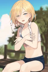 Rule 34 | 1boy, :d, androgynous, bare arms, bare legs, bare shoulders, bench, blonde-haired boy (sunaba (nczd5875)), blonde hair, blue eyes, blue shorts, blue sky, blurry, blurry background, blush, cloud, collarbone, collared shirt, covering privates, crop top, crossdressing, crossed arms, day, denim, denim shorts, depth of field, fang, feet out of frame, fence, front-tie top, hair between eyes, highres, looking at viewer, male focus, medium hair, midriff, navel, open mouth, original, outdoors, shirt, short shorts, shorts, sitting, sky, sleeveless, sleeveless shirt, smile, solo, stomach, sunaba (nczd5875), thighs, tied shirt, translation request, trap, tree, white shirt