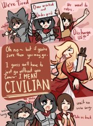 Rule 34 | 4girls, animal costume, armor, black eyes, black hair, blonde hair, breastplate, brown hair, centurii-chan (artist), closed eyes, colored eyelashes, commentary, crying, crying with eyes open, english commentary, english text, gauntlets, greco-roman clothes, highres, holding, holding scroll, holding sign, holding torch, holding vase, hood, hood up, legate (centurii-chan), long hair, multiple girls, open mouth, original, pink background, red robe, robe, roman clothes, scroll, short hair, short sleeves, sign, simple background, single gauntlet, tearing up, tears, torch