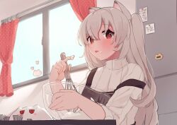 Rule 34 | 1girl, animal ears, apron, black apron, cat, cat ears, cat girl, cupcake, day, food, food on face, food on hand, grey hair, hibarin0404, highres, holding, holding whisk, indoors, long hair, looking at viewer, nora cat, nora cat channel, red eyes, refrigerator, solo, sweater, table, tongue, tongue out, turtleneck, turtleneck sweater, virtual youtuber, whipped cream, whisk, window