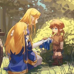 Rule 34 | 1boy, 2girls, aged down, blonde hair, blue eyes, boots, brown hair, dress, forest, kneeling, link, mother and daughter, multiple girls, nature, nintendo, princess zelda, queen of hyrule, standing, the legend of zelda, the legend of zelda: breath of the wild, tunic, werlosk